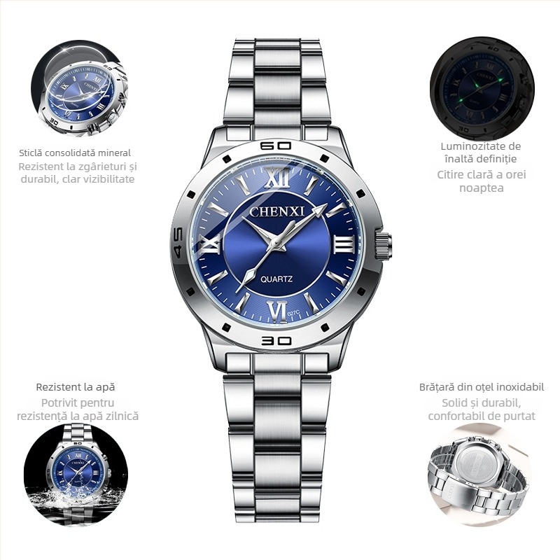 Ceas pentru cuplu cu mecanism quartz luminos, rezistent la apă 30M, brățară din oțel inoxidabil, carcasă din aliaj, model CX-027B
