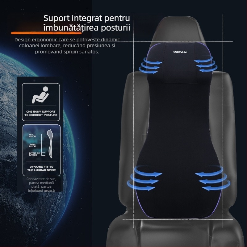 Perna de susținere lombară pentru mașină cu tetieră integrată, design dintr‑un singur pies, umplutură din bumbac cu memorie, suport pentru șezutul șoferului