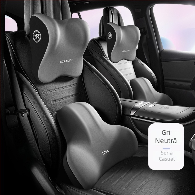 Suport lombar pentru mașină și pernă pentru cap, cu spumă cu memorie, material Milk Silk, model Buddo, imprimare logo posibil, potrivire universală