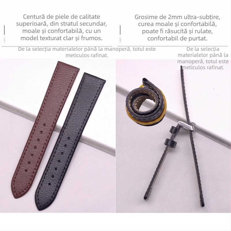 Kexin curea de ceas din piele naturală pentru bărbați, textură lychee, piele de vițel, ultra-subțire, cu știfturi de prindere