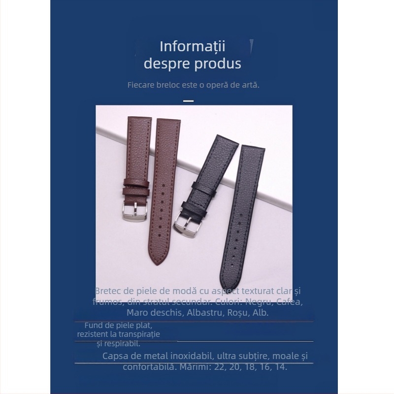 Kexin curea de ceas din piele naturală pentru bărbați, textură lychee, piele de vițel, ultra-subțire, cu știfturi de prindere