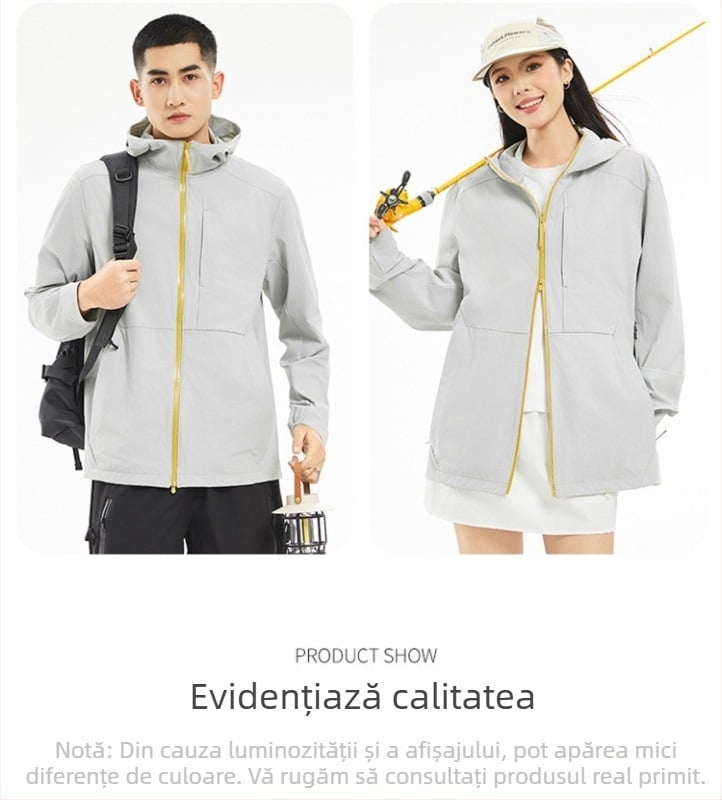 Jachetă de exterior unisex cu UPF50+, uscare rapidă, respirabilă, ușoară, material 88% nylon, 12% spandex, cu glugă