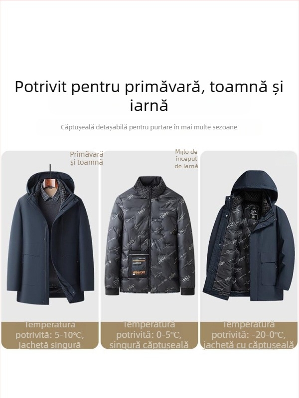 Geacă de iarnă pentru bărbați cu glugă, umplere din bumbac, căptușeală detașabilă, exterior poliester, buzunare cu fermoar