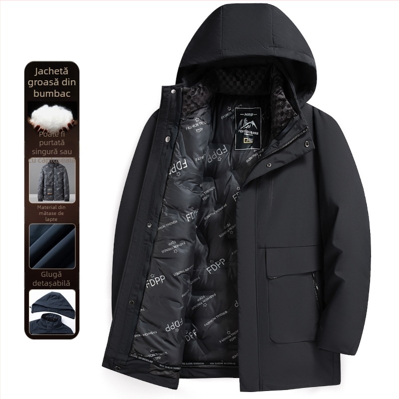 Geacă de iarnă pentru bărbați cu glugă, umplere din bumbac, căptușeală detașabilă, exterior poliester, buzunare cu fermoar