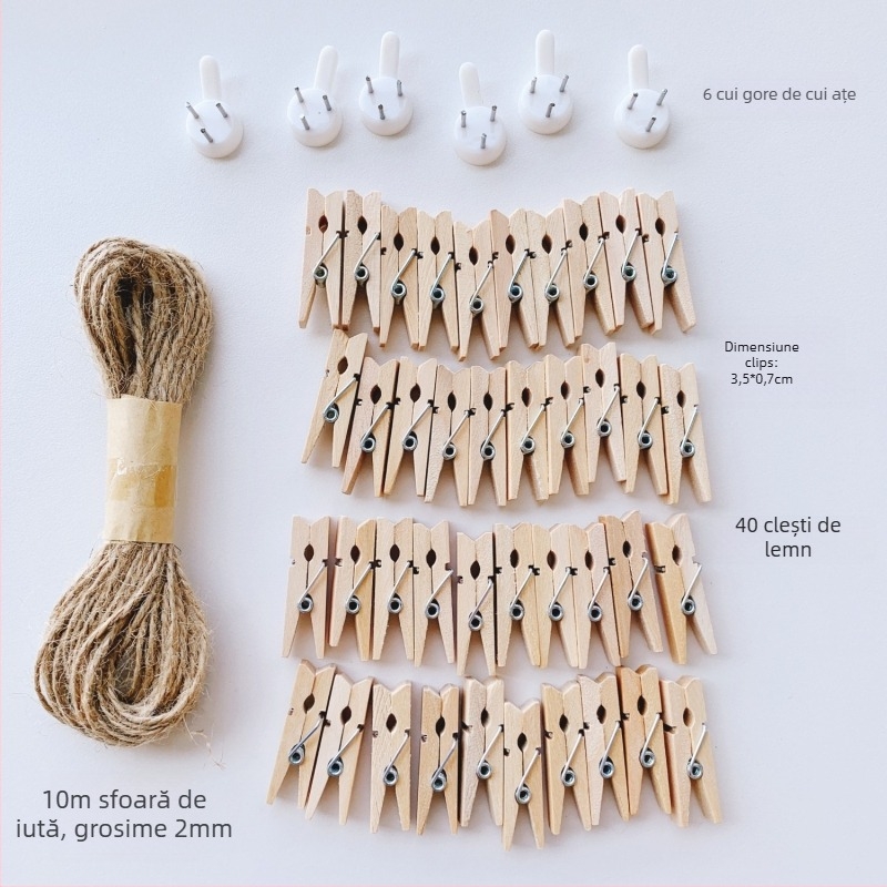 Clip foto din lemn cu sfoară de cânepă pentru montaj pe perete – ideal pentru fotografii în cameră și în sală de curs. Brand: Other; Material: Lemn; Tip produs: Hand ledger.