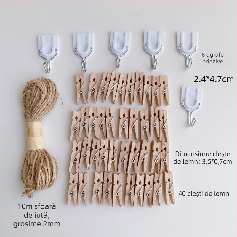 Clip foto din lemn cu sfoară de cânepă pentru montaj pe perete – ideal pentru fotografii în cameră și în sală de curs. Brand: Other; Material: Lemn; Tip produs: Hand ledger.