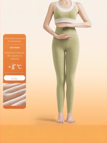 Colanți termici din lână-mătase pentru femei, căptuțiți gros, talie înaltă, fără cusături