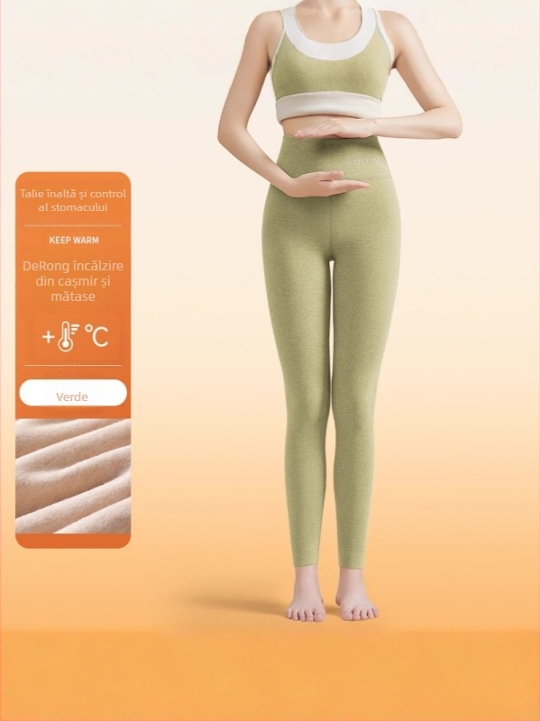 Colanți termici din lână-mătase pentru femei, căptuțiți gros, talie înaltă, fără cusături