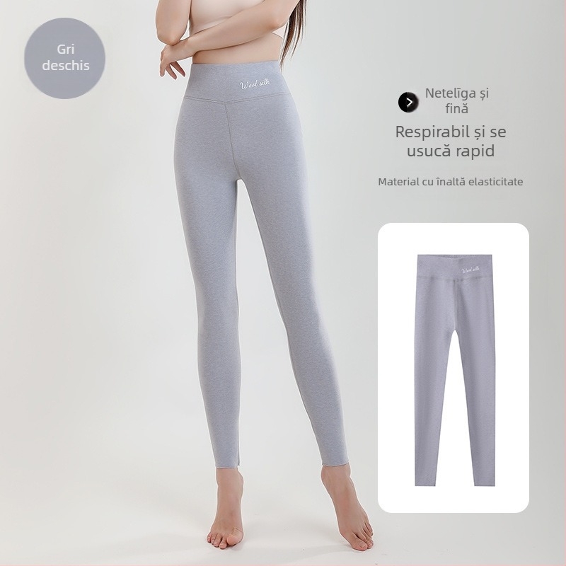 Colanți termici din lână-mătase pentru femei, căptuțiți gros, talie înaltă, fără cusături