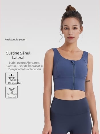 Sutien sport cu fermoar, cupă semi-fixă, push-up, respirabil, uscare rapidă, pentru alergare și yoga