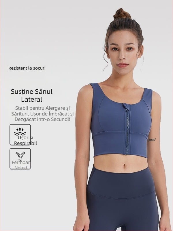 Sutien sport cu fermoar, cupă semi-fixă, push-up, respirabil, uscare rapidă, pentru alergare și yoga