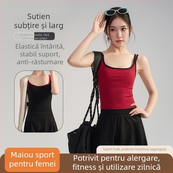 Top de yoga cu perne pentru sân, fără mâneci, bretele în contrast, material respirabil din nailon-spandex 80/20, croială slim, lungime până la abdomen