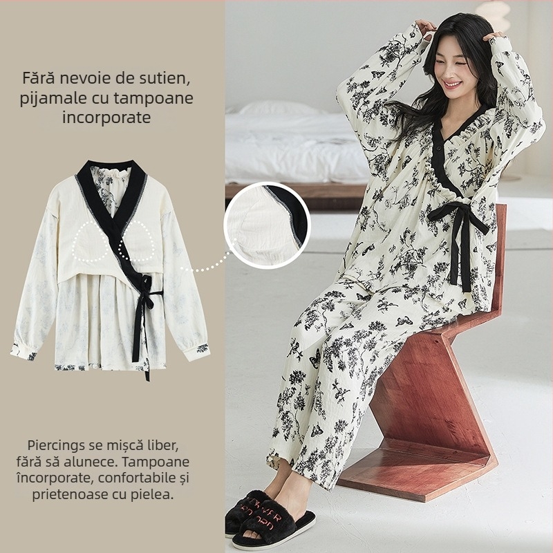 Set de pijamale postpartum cu tampoane pentru sân, cardigan și stil kimono, Cloud Cotton, 95% poliester