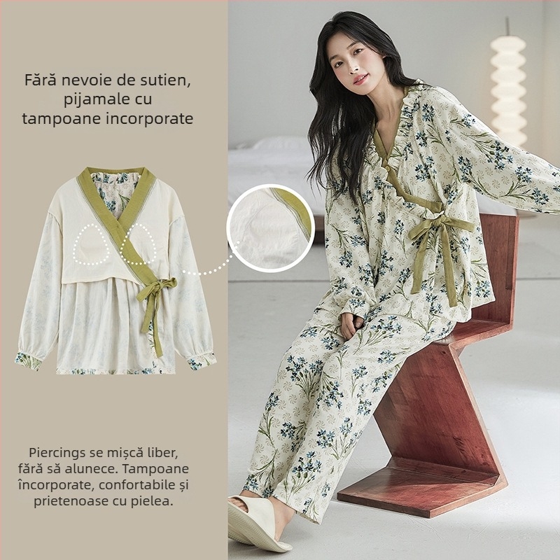 Set de pijamale postpartum cu tampoane pentru sân, cardigan și stil kimono, Cloud Cotton, 95% poliester