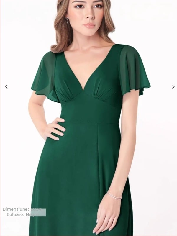 Rochie de domnișoară din șifon, decolteu adânc în V, mâneci scurte cu volane, spate decupat cu șiret, lungă, croială A-line cu deschidere la tiv.