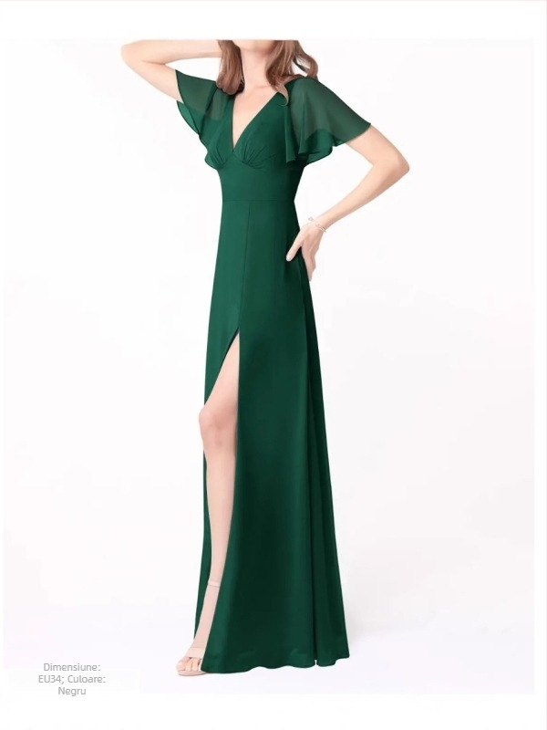 Rochie de domnișoară din șifon, decolteu adânc în V, mâneci scurte cu volane, spate decupat cu șiret, lungă, croială A-line cu deschidere la tiv.