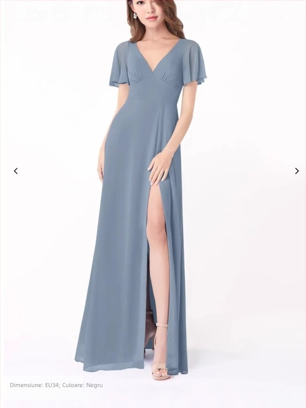 Rochie de domnișoară din șifon, decolteu adânc în V, mâneci scurte cu volane, spate decupat cu șiret, lungă, croială A-line cu deschidere la tiv.