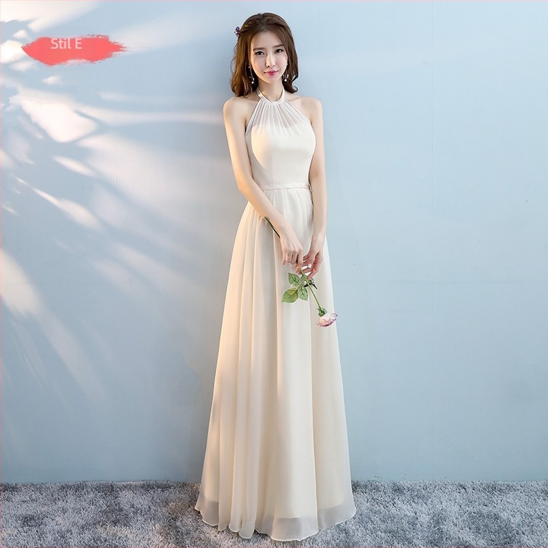 rochie de domnișoară de onoare, decolteu halter, fără mâneci, siluetă în formă de A, țesătură zbârcită, poliester