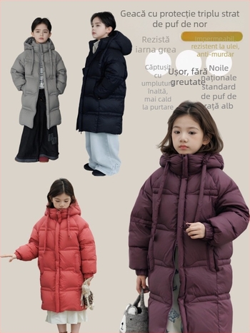 Jachetă de iarnă pentru copii, cu puf, unisex, glugă, gros pentru iarnă; 50–55% puf de rață alb; exterior nailon, căptușeală poliester; potrivit pentru copii peste 8 ani