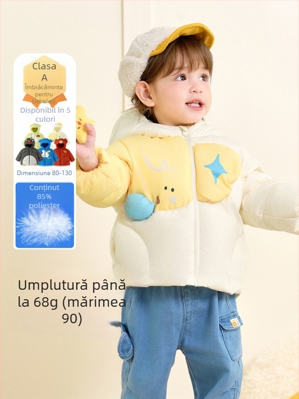 Geacă de iarnă pentru copii, cu glugă, lungime medie, umplutură din puf de rață alb, croială lejeră