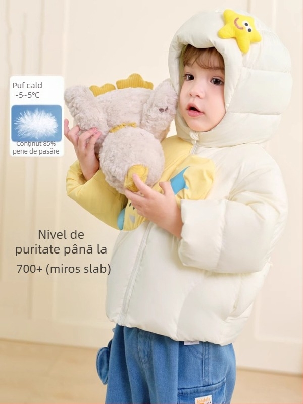Geacă de iarnă pentru copii, cu glugă, lungime medie, umplutură din puf de rață alb, croială lejeră