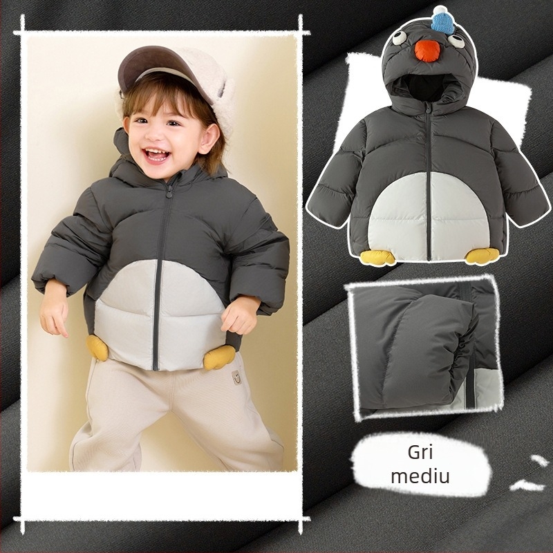 Geacă de iarnă pentru copii, cu glugă, lungime medie, umplutură din puf de rață alb, croială lejeră