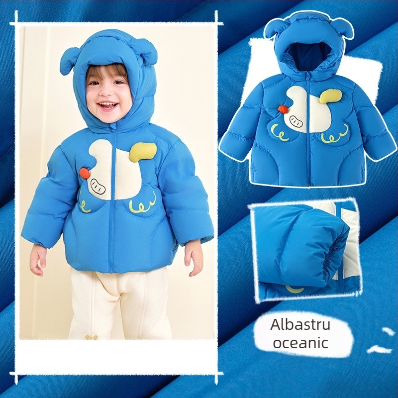 Geacă de iarnă pentru copii, cu glugă, lungime medie, umplutură din puf de rață alb, croială lejeră