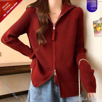 Cardigan dama din chenille tricotat cu fermoar, guler înalt, mâneci în stil prințesă, lungime medie – Primăvara 2025