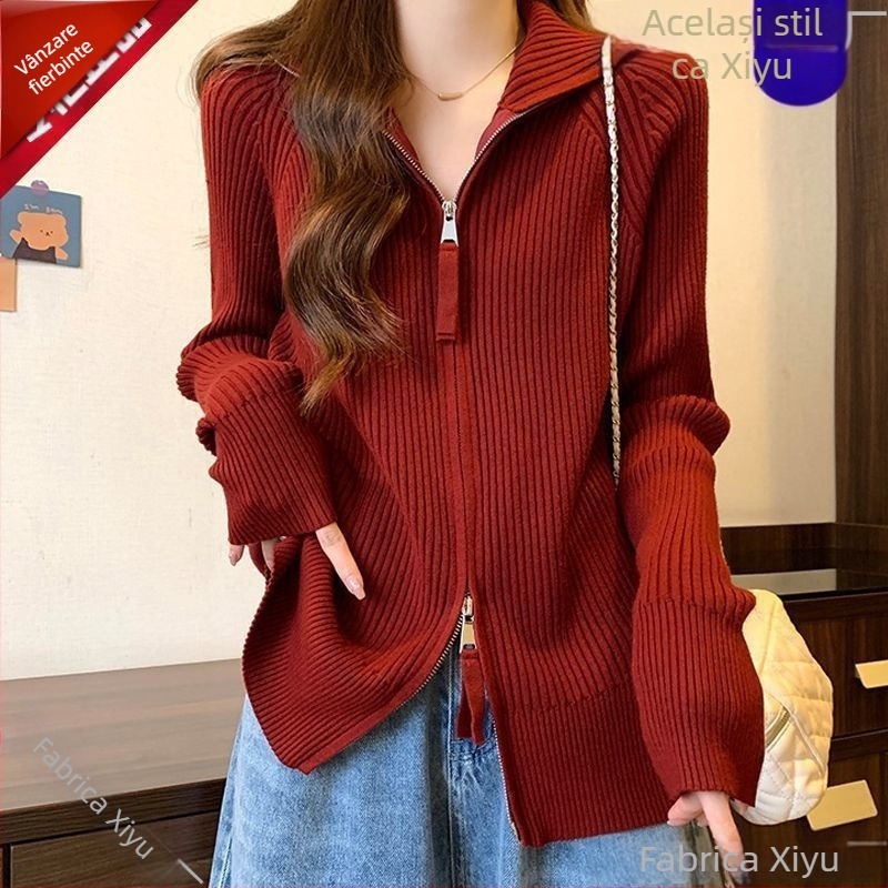 Cardigan dama din chenille tricotat cu fermoar, guler înalt, mâneci în stil prințesă, lungime medie – Primăvara 2025