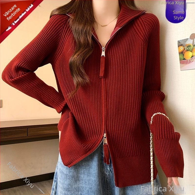 Cardigan dama din chenille tricotat cu fermoar, guler înalt, mâneci în stil prințesă, lungime medie – Primăvara 2025