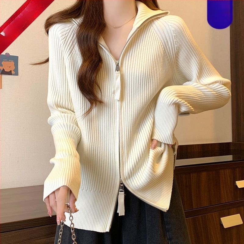 Cardigan dama din chenille tricotat cu fermoar, guler înalt, mâneci în stil prințesă, lungime medie – Primăvara 2025