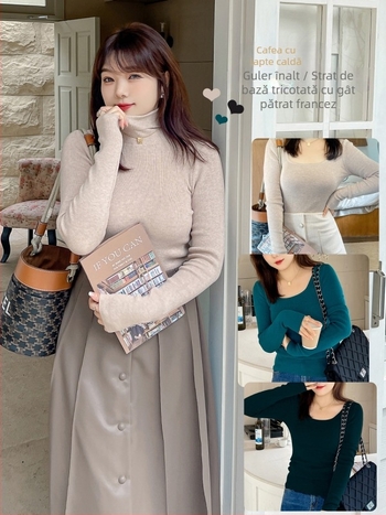 Pulover tricotat femei, culoare solidă, guler înalt/ drept, Rabbit Velvet Core-Spun Yarn, Iarna 2025, tricot cu elastan