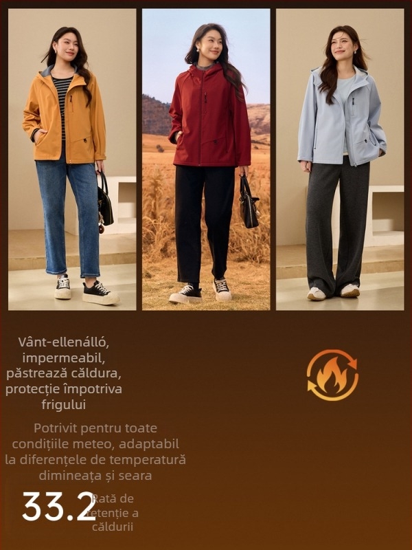 Geacă damă din poliester cu glugă și fermoar, croială Slim, broderie, stil urban elegant