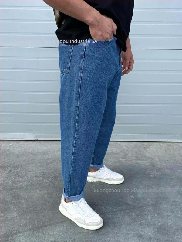 Jeansi pentru bărbați – croi drept lejer, lungime cropped, bumbac, talie medie, fermoar