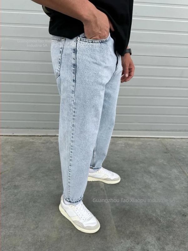 Jeansi pentru bărbați – croi drept lejer, lungime cropped, bumbac, talie medie, fermoar