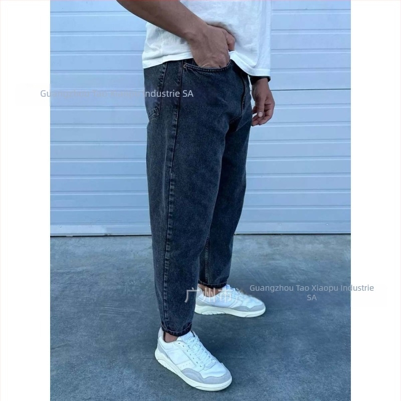 Jeansi pentru bărbați – croi drept lejer, lungime cropped, bumbac, talie medie, fermoar