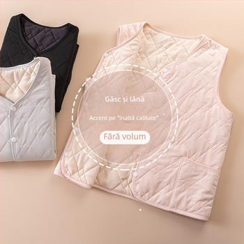 Vestă termică unisex pentru toamnă–iarnă, din poliester, cu strat dublu, căptușeală din fleece și catifea, guler în V