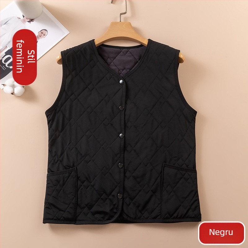 Vestă termică unisex pentru toamnă–iarnă, din poliester, cu strat dublu, căptușeală din fleece și catifea, guler în V