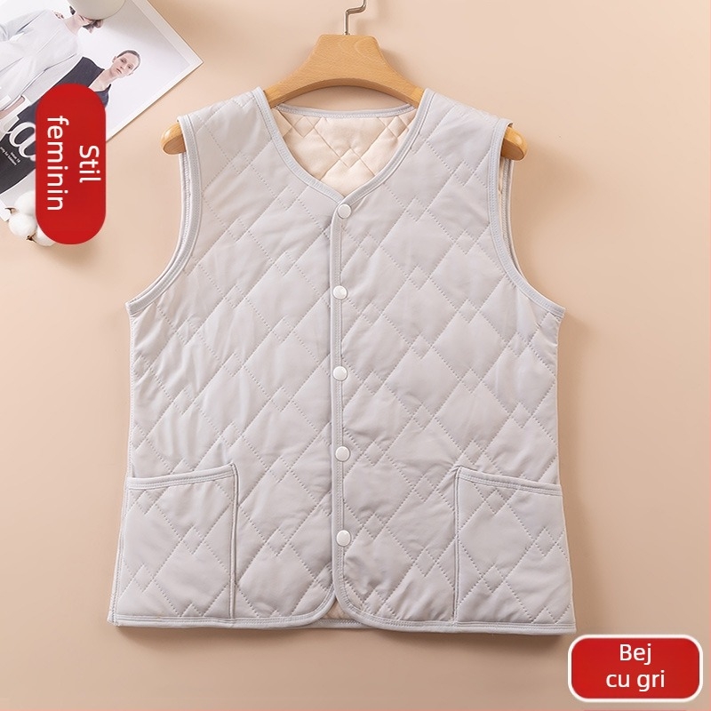 Vestă termică unisex pentru toamnă–iarnă, din poliester, cu strat dublu, căptușeală din fleece și catifea, guler în V