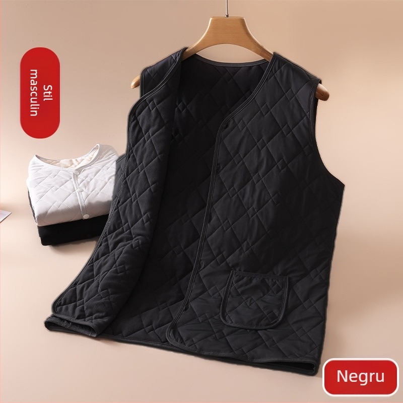 Vestă termică unisex pentru toamnă–iarnă, din poliester, cu strat dublu, căptușeală din fleece și catifea, guler în V