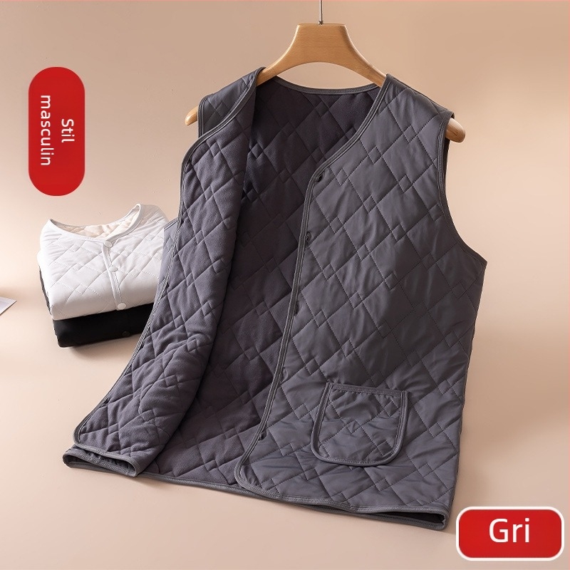 Vestă termică unisex pentru toamnă–iarnă, din poliester, cu strat dublu, căptușeală din fleece și catifea, guler în V