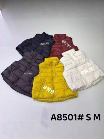 Vesta cu puf în stil minimalist coreean, guler înalt, fermoar frontal, umplutură din puf de rață, țesătură din poliester