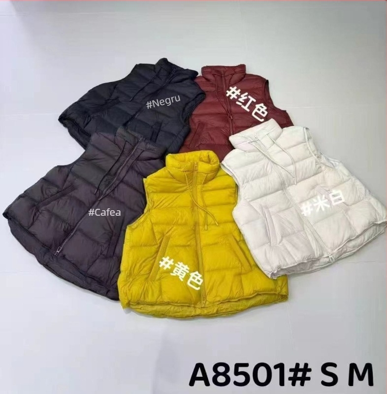 Vesta cu puf în stil minimalist coreean, guler înalt, fermoar frontal, umplutură din puf de rață, țesătură din poliester