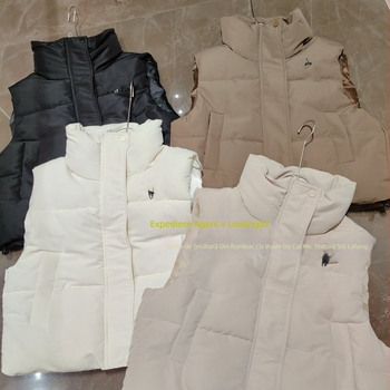 Vesta de damă cu broderie ponei, umplutură din puf și bumbac, culoare solidă, guler înalt, croială Slim, iarnă 2025