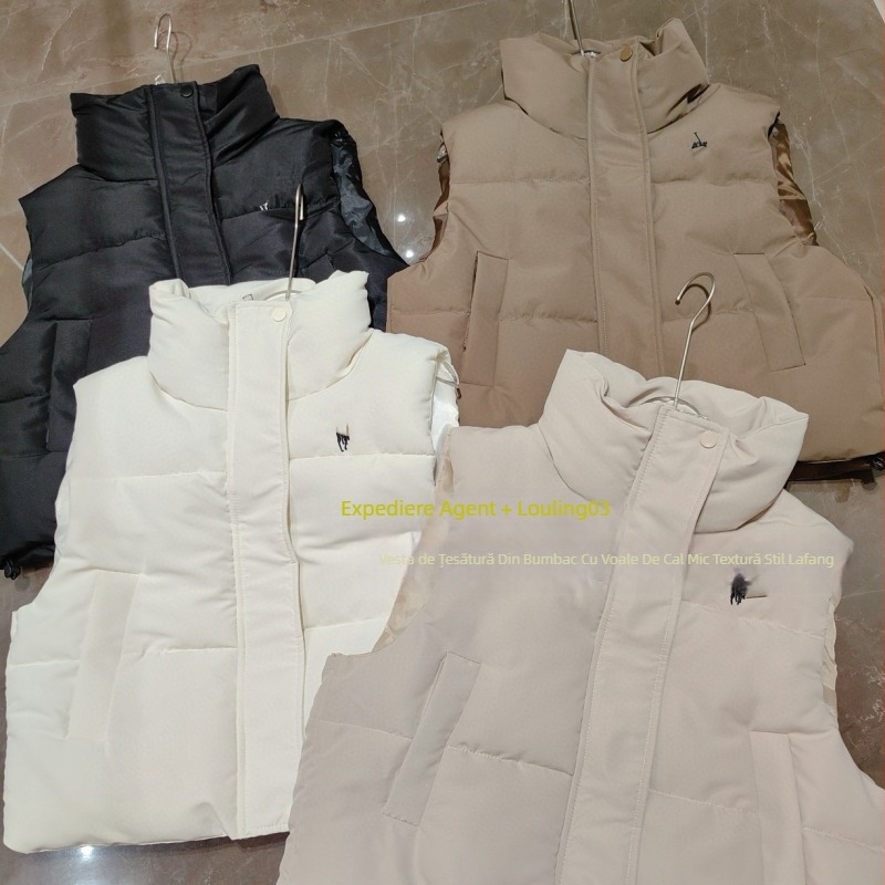 Vesta de damă cu broderie ponei, umplutură din puf și bumbac, culoare solidă, guler înalt, croială Slim, iarnă 2025