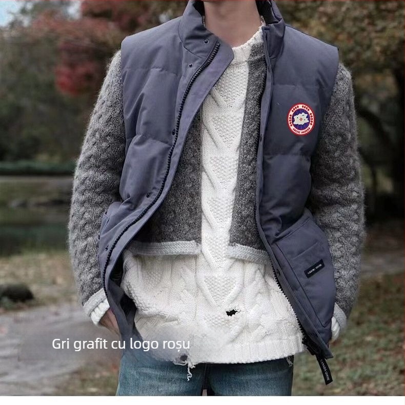 Vesta din puf de rață, fără mâneci, lungime ultra scurtă, exterior din poliester, 81–85% conținut puf