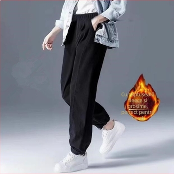 Pantaloni casual pentru femei cu căptușeală fleece, talie înaltă, croială lejeră, 90–95% bumbac, groși pentru iarnă
