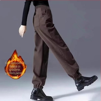 Pantaloni casual pentru femei cu căptușeală fleece, talie înaltă, croială lejeră, 90–95% bumbac, groși pentru iarnă