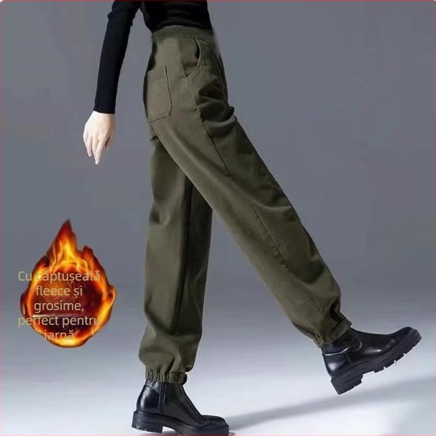 Pantaloni casual pentru femei cu căptușeală fleece, talie înaltă, croială lejeră, 90–95% bumbac, groși pentru iarnă