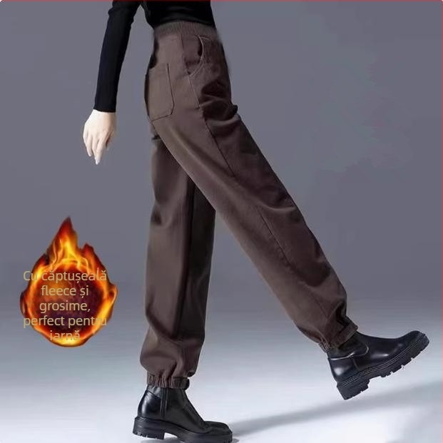 Pantaloni casual pentru femei cu căptușeală fleece, talie înaltă, croială lejeră, 90–95% bumbac, groși pentru iarnă